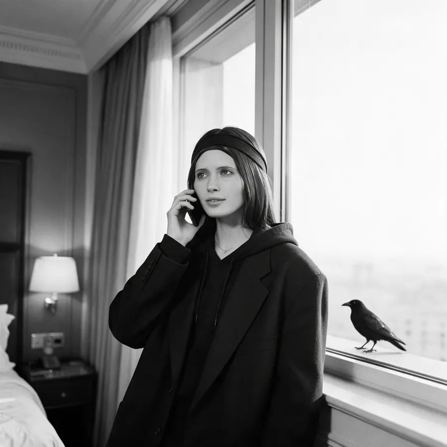Tay im Hotelzimmer am Telefon, eine Amsel auf dem Fensterbrett