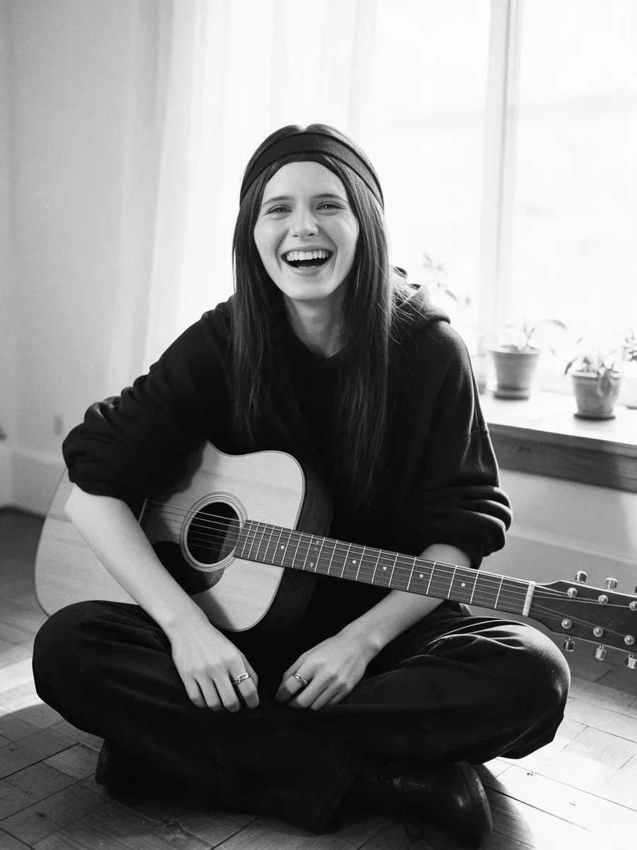 Tay sitzt lachend mit ihrer Gitarre am hellen Fenster