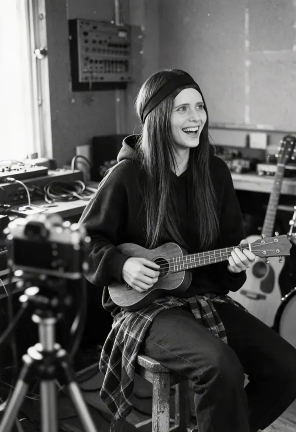 Tay lachend mit Ukulele